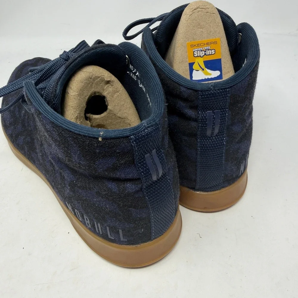 NOBULL Canvas Mid Trainer Mens 7.5 Womens 9 Navy Camo Excellent Gum Sole Sneaker